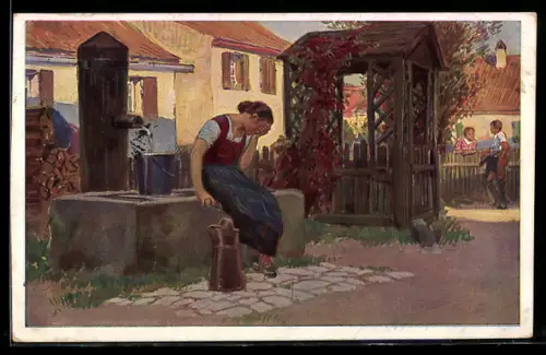 Künstler-AK P. Hey: Volksliederkarte Nr. 34, Jetzt geh i ans Brünnele..., Verein für das Deutschtum im Ausland