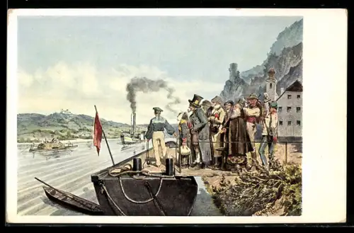 Künstler-AK A. Greil: Linz a.d. Donau, Ankunft des Linzer Postdampfers