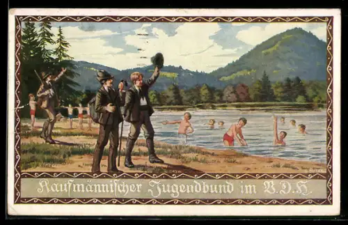 Künstler-AK Ernst Kutzer: Kaufmännischer Jugendbund im VDH, Jungen grüssen Badegäste an einem See