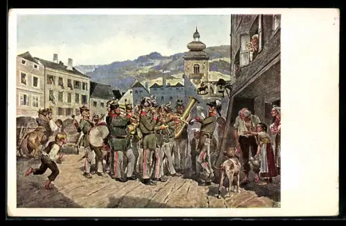 Künstler-AK Alois Greil: Das Ständchen des Bürgermusikkorps