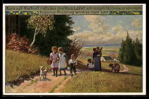 Künstler-AK P. Hey, Volksliederkarte Nr. 73: Kuckuck, kuckuck, ruft`s aus dem Wald, Familienausflug, Hund