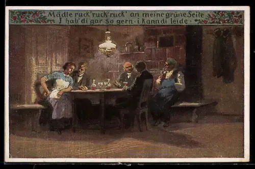 Künstler-AK Paul Hey: Volksliederkarte Nr. 67: Mädle ruck`, ruck`, ruck`