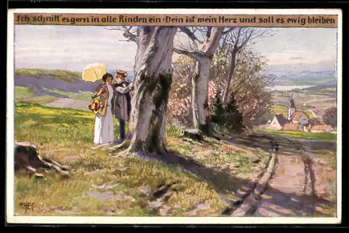 Künstler-AK P. Hey, Volksliederkarte Nr.46: Ich schnitt es gern... - Paar schnitzt ein Herz in einen Baum