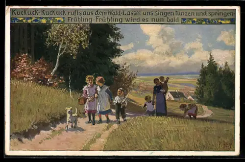 Künstler-AK P. Hey, Volksliederkarte Nr. 73: Kuckuck ruft`s aus dem Wald, Verein für das Deutschtum im Ausland