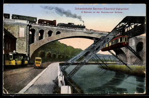 AK Barmen-Elberfeld, 3 Bahnen an der Sonnborner Brücke