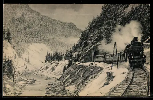 AK Eisenbahn Tschechien, V Ceskem Raji, Personenzug mit Dampflok 3640