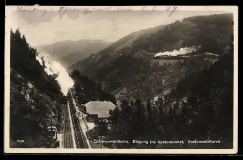 AK Triberg, Schwarzwaldbahn, Seelenwaldkurve und Station am Haldentunnel