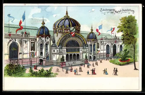 Lithographie Paris, Welt-Ausstellung 1900, Säulengang der Metall-Ausstellung