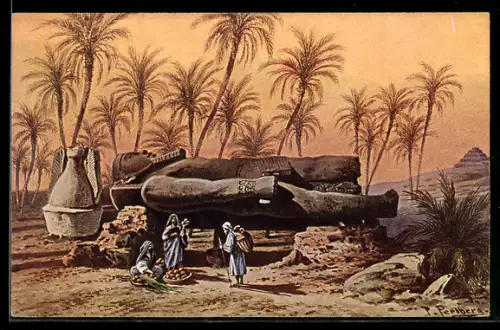Künstler-AK Friedrich Perlberg: Memphis, Bildsäule des Ramses, Statue of Ramses