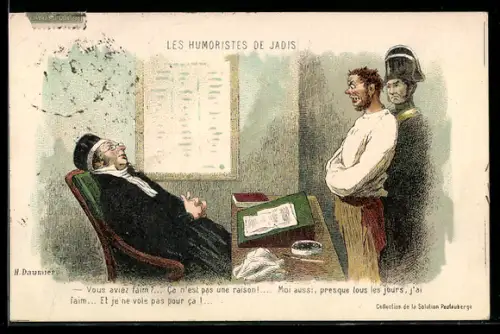 Künstler-AK sign. H. Daumier: Les Humoristes de Jadis, Mann in Zwangsjacke vor Richter