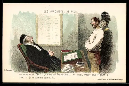 Künstler-AK sign. H. Daumier: Les Humoristes de Jadis, Mann in Zwangsjacke vor Richter
