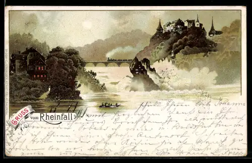 Lithographie Schaffhausen, Partie am Rheinfall, Eisenbahn