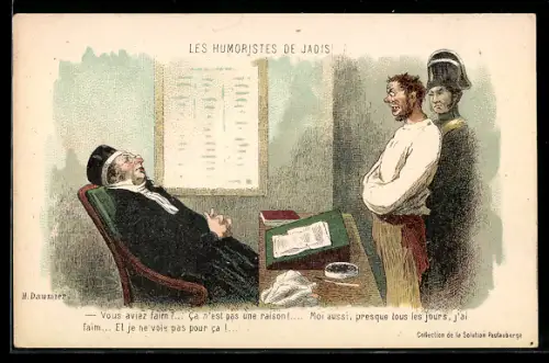 Künstler-AK sign. H. Daumier: Les Humoristes de Jadis, Mann in Zwangsjacke vor Richter