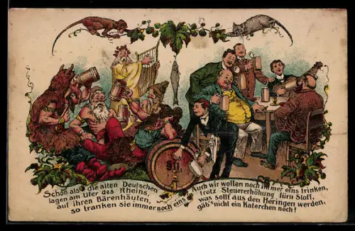 Lithographie Weingenuss früher u. heute, Vergleich zweier Gesellschaften