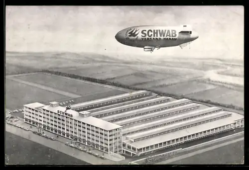 AK Hanau /Main, Schwab-Luftschiff überfliegt das Grossversandhaus