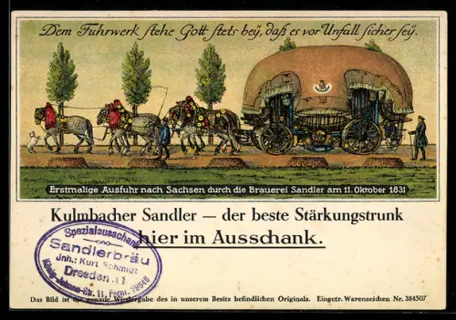 AK Brauerei-Werbung für Kulmbacher Sandler, Bierkutsche