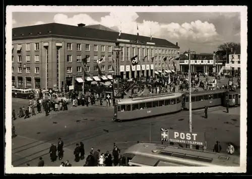 AK Basel, 35. Schweizer Mustermesse 1951, Frontansicht gegen Riehenring
