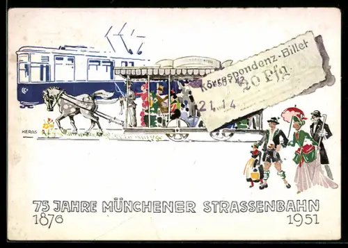 AK München, 75 Jahre Münchener Strassenbahn 1876-1951, Pferdebahn und Strassenbahn