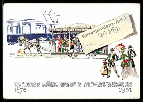 AK München, 75 Jahre Münchener Strassenbahn 1876-1951, Pferdebahn und Strassenbahn