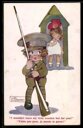 Künstler-AK Agnes Richardson: Kleiner Soldat am Wachhaus, I wouldn`t leave my little wooden hut for you!