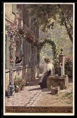 Künstler-AK P. Hey, Volksliederkarte Nr.48: Und blüh`n a mal d` Rosen - Mann am Fenster spricht mit Frau am Brunnen