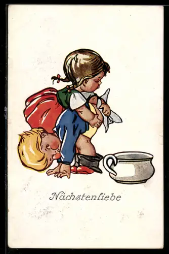 Künstler-AK Nächstenliebe, Schwester wischt dem Brüderchen den Po ab