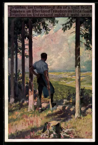 Künstler-AK P. Hey, Volksliederkarte Nr. 60: Drunten im Unterland, Holzfäller mit Axt im Wald