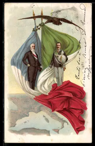 AK Vittorio Emanuele und Loubert auf französischer und italienischer Flagge stehend