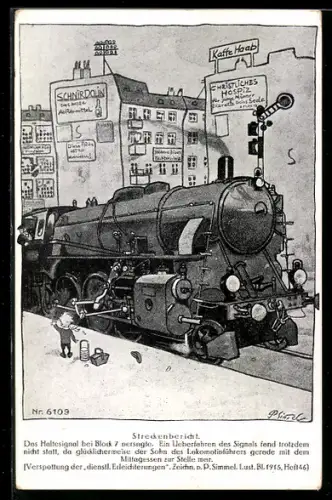 Künstler-AK Eisenbahn-Haltesignlal versagt, Knabe stoppt Lokomotive