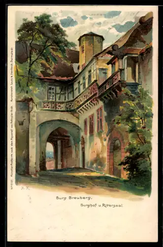 Lithographie Breuberg, Burg Breuberg, Burghof und Rittersaal