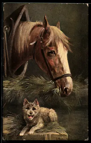Künstler-Lithographie M. Müller jun.: Pferd mit Geschirr und Hund