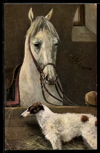 Künstler-AK August Müller - München: Hund und Pferd im Stall