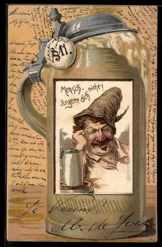 Lithographie Mensch, ärgere dich nicht!, Biergrug mit komischem Motiv