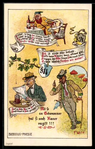 Künstler-AK F.Witt: Trink solang du trinken kannst, § 14 ist nicht beliebt, weil's neue Steuern gibt, Deck zu dein Bier