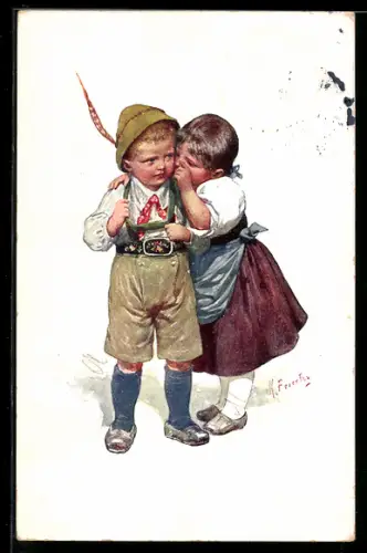 Künstler-AK Karl Feiertag: Junges Kinderpaar in bayrischer Tracht in vertrauter Pose