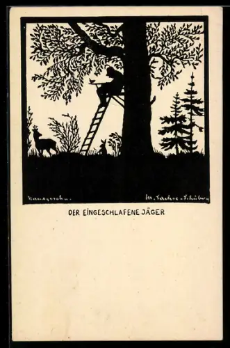 Künstler-AK M. Sachse-Schubert: Der eingeschlafene Jäger, Hirsch und Hase stehen unter dem Posten des Schläfers