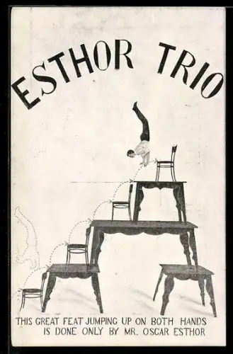 AK Esthor Trio, Akrobat springt auf Händen über Stühle