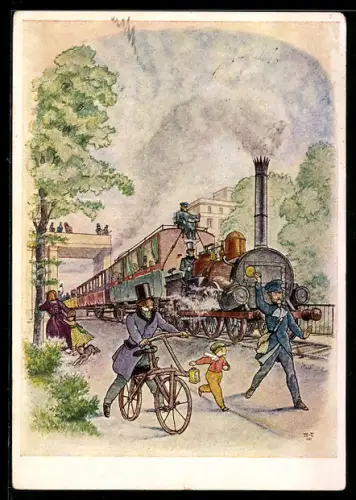 Künstler-AK Auf der ersten Eisenbahn
