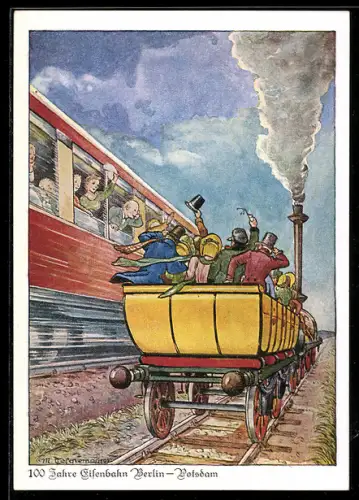 Künstler-AK Potsdam, 100 Jahre Eisenbahn Berlin-Potsdam 1938, Historische Eisenbahn