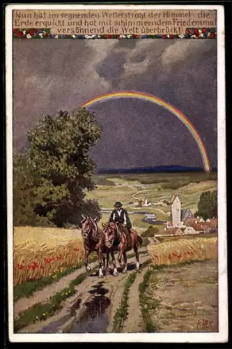 Künstler-AK P. Hey: Mann reitet mit zwei Pferden im Regenbogen