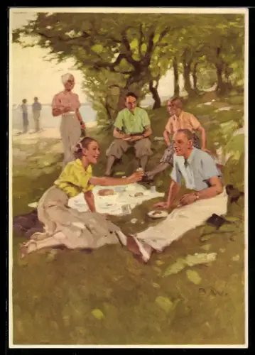 Künstler-AK Brynolf Wennerberg: Indanthren, Picknick im Grünen
