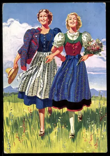 AK Wien VII, Frauen in Trachten auf der Wiese, Reklame für Spezial-Textilhaus für Qualität und Mode A. Herzmansky