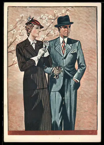AK Reklame Vornehm und gediegen ist und bleibt Masskleidung, für Frau und Mann, Art Deco