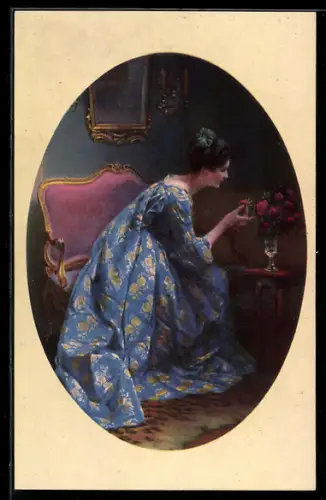 Künstler-AK Meissner & Buch (M&B) Nr. 2528: Die blaue Dame, junge Frau mit Rosen
