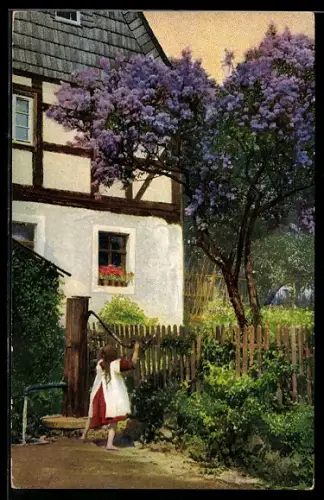 Künstler-AK Photochromie Nr. 3996: Mädchen am Wasserbrunnen vor dem Haus