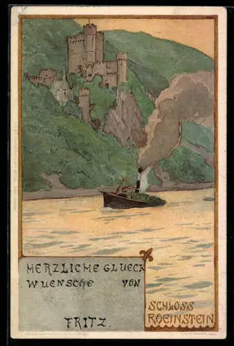 Künstler-AK Franz Xaver Hoch: Schloss Rheinstein mit Dampfschiff