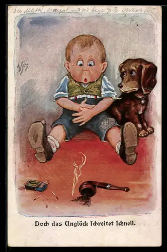 Künstler-AK Willi Scheuermann: einem kleinem Jungen ist schlecht vom Rauchen, Hund