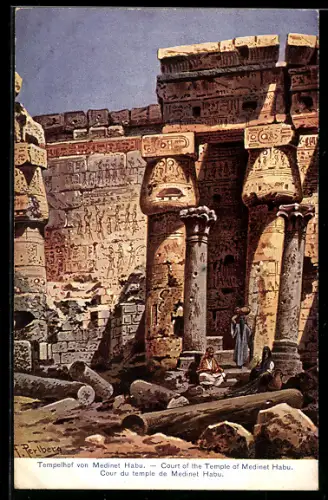 Künstler-AK Friedrich Perlberg: Tempelhof von Medinet Habu, Court of the Temple of Medinet Habu