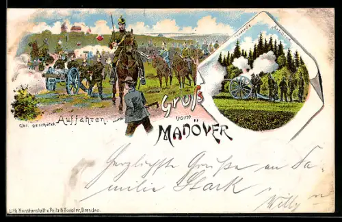 Lithographie Gruss vom Manöver, Feuernde Artillerie, Soldaten im Felde