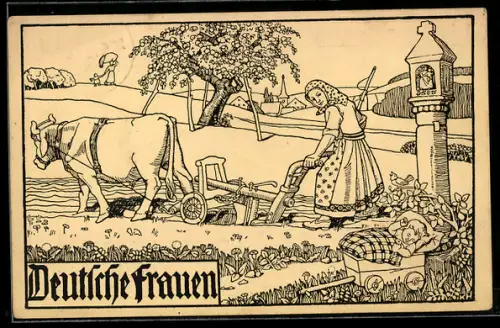AK Bäuerin pflügt das Feld, Frauen im Kriegseinsatz